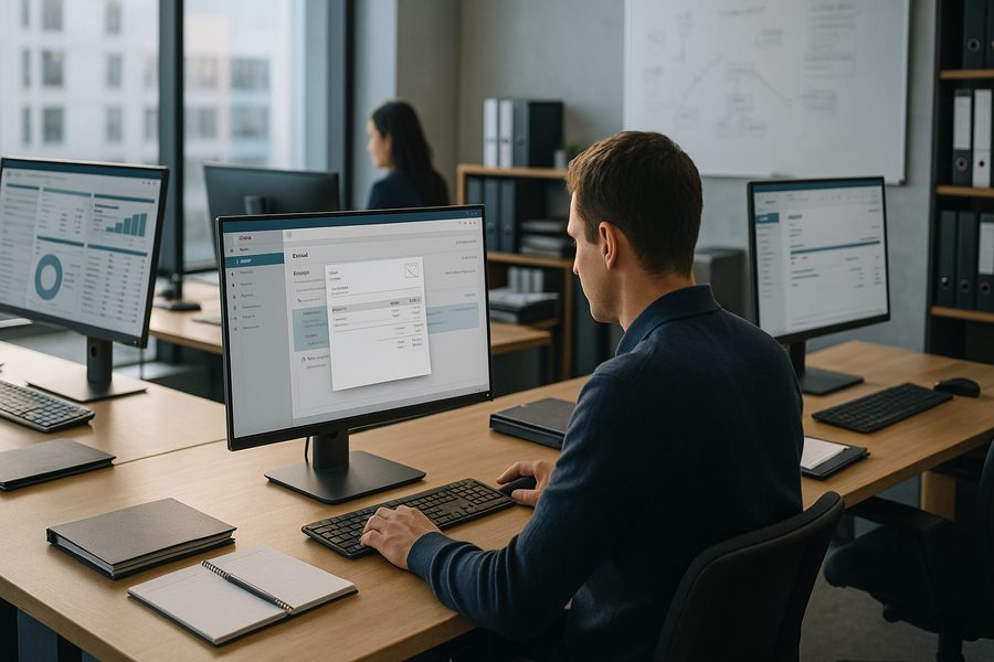 Moderner Büroraum einer Finanzabteilung mit mehreren Arbeitsplätzen, großen Computermonitoren mit ERP-Software und E-Mail-Programmen, natürliches Tageslicht durch Fenster, Schreibtisch im Vordergrund mit geöffneter E-Mail und Rechnungsdokument, im Hintergrund Regale mit Aktenordnern und Whiteboard mit Notizen, professionelle konzentrierte Atmosphäre
