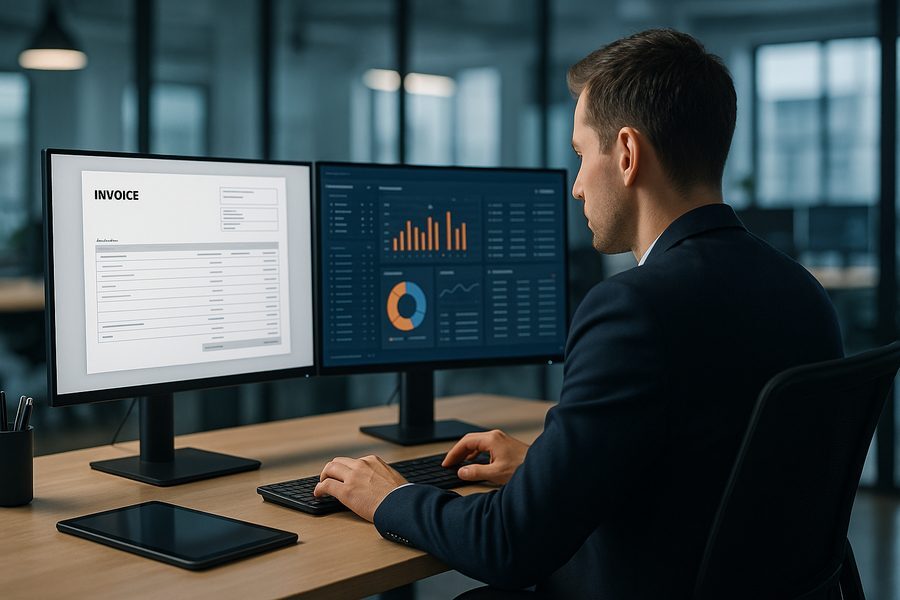 Professionelles Büro mit modernem Arbeitsplatz: Person sitzt vor Doppelmonitor, zeigt Rechnungsformulare und strukturierte Datenformate, kühle Lichtstimmung mit Orange-Akzenten