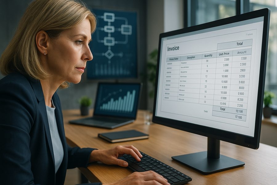 Geschäftsfrau analysiert strukturierte Rechnungsdaten auf modernem Monitor in hellem Büro mit Laptop und Diagrammen im Hintergrund