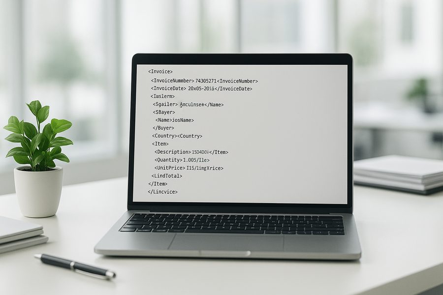 Modernes Büro mit Laptop auf aufgeräumtem Schreibtisch, strukturierte XML-Rechnungsdaten auf dem Bildschirm, helles Tageslicht durch große Fenster, grüne Topfpflanze, professionelle Arbeitsatmosphäre