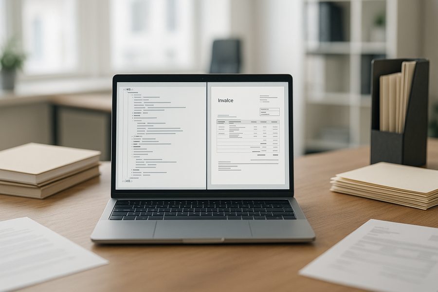Moderner Büroarbeitsplatz mit Laptop, auf dem eine XML-Datei und eine visualisierte Rechnungsansicht nebeneinander zu sehen sind, umgeben von geordneten Aktenordnern