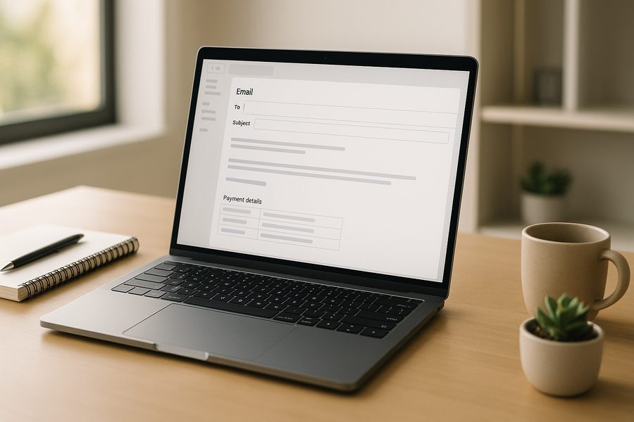 Professioneller Arbeitsplatz mit Laptop, auf dem eine strukturierte E-Mail-Vorlage für Rechnungsversand zu sehen ist, umgeben von Notizen und Kaffeetasse