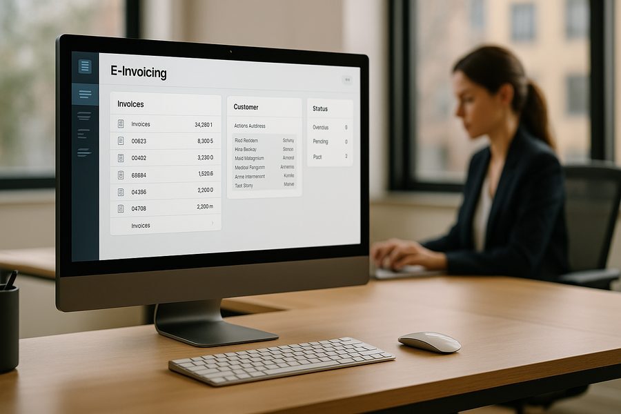 Professionelles Büroumfeld mit modernem Desktop-Computer, übersichtliche E-Rechnungssoftware-Oberfläche mit Rechnungsvorlagen und Statusübersicht, aufgeräumter Schreibtisch mit natürlichem Tageslicht, konzentrierte Person im unscharfen Hintergrund, moderne neutrale Büroeinrichtung vermittelt Effizienz und digitale Transformation