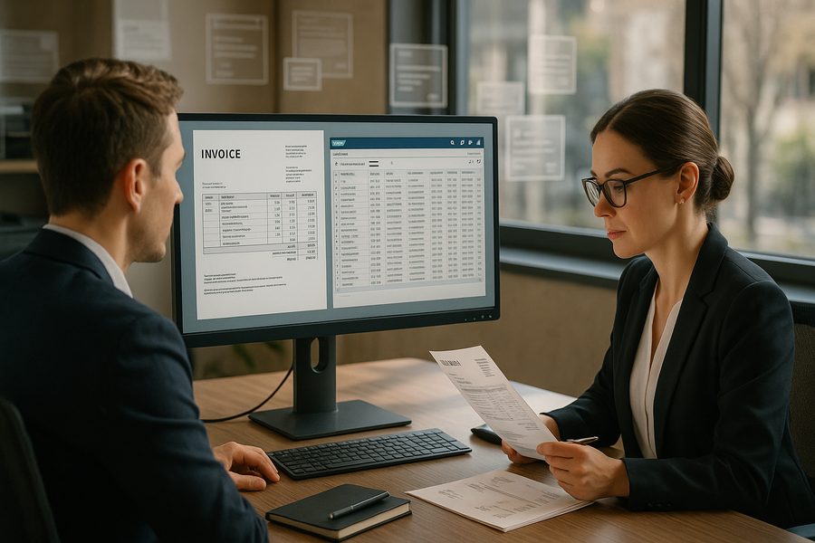 Modernes SAP-Finanzumfeld mit strukturierten Rechnungsdaten auf Bildschirmen, realistische Geschäftsleute in professionellem Büro, digitale Dokumentenverarbeitung, natürliches Licht, hochwertige Atmosphäre