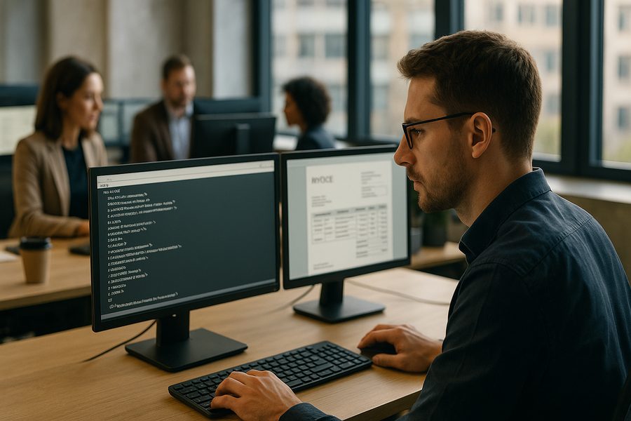 Moderne Büroumgebung mit professionellen Personen, die an Computern arbeiten und strukturierte Rechnungsdaten verarbeiten, digitale Prozesse und elektronische Dokumente im Fokus, helle Arbeitsplätze mit Monitoren, Tablets und Datenaustausch, fotorealistisch, natürliche Beleuchtung, klare Komposition ohne Text oder Logos