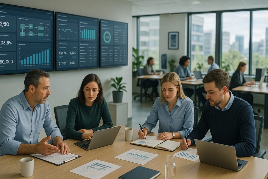 Moderner Leitstand mit großen Monitoren, auf denen Echtzeit-Dashboards mit Finanzkennzahlen und Prozessketten visualisiert sind, drei Führungskräfte unterschiedlichen Alters an einem Konferenztisch in konzentrierter Besprechung, natürliches Tageslicht durch große Fenster