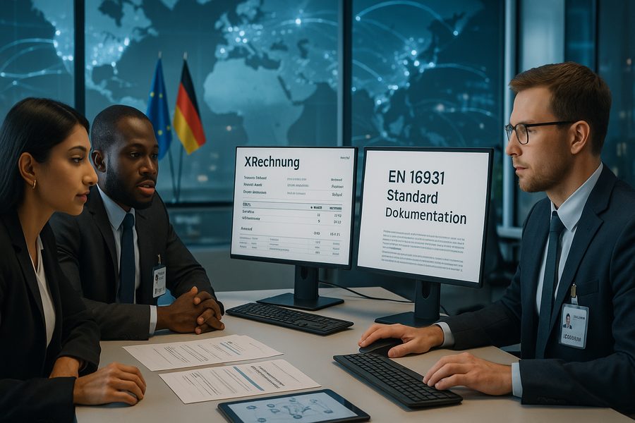 CFO und internationales Finanzteam diskutieren XRechnung-Standards und EN 16931 Dokumentation an modernem Konferenztisch mit mehrsprachigen Materialien und digitalen Displays