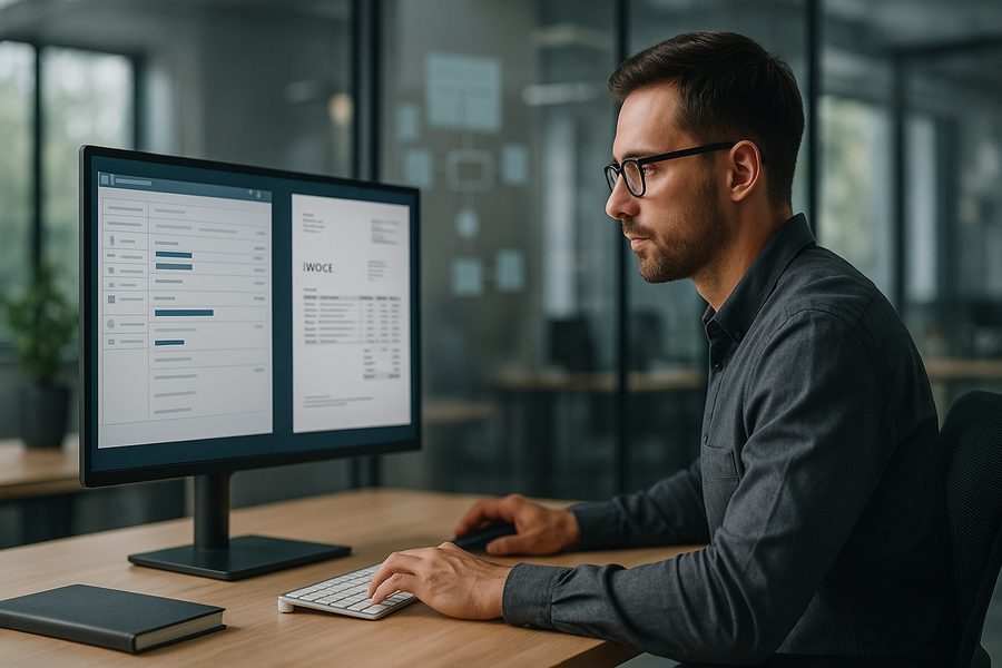 Moderne Büroumgebung mit Person am Arbeitsplatz, die digitale Rechnungsdokumente auf einem Bildschirm prüft, strukturierte Datendarstellung, professionelle Atmosphäre mit natürlichem Licht