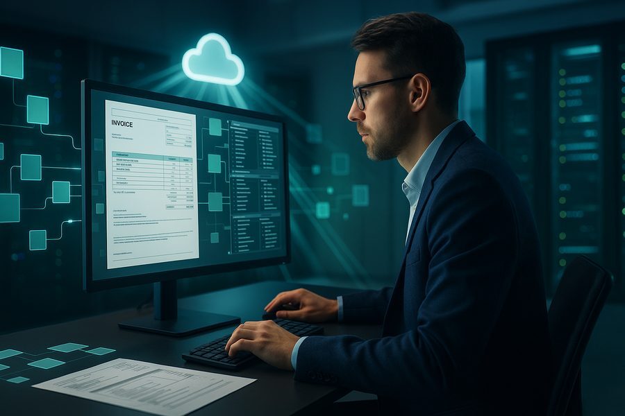 Moderne digitale Geschäftsumgebung mit elektronischen Rechnungsprozessen: Datenblöcke und Verbindungselemente symbolisieren EDIFACT-Formate, eine Person arbeitet an einem modernen Schreibtisch mit Bildschirm und Rechnungsdaten, Serverkabinen im Hintergrund, professionelle Blau-, Grau- und Grüntöne mit Lichtstrahlen.