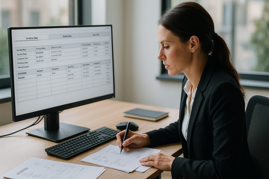 Eine Finanzfachkraft überprüft strukturierte E-Rechnungsdaten auf einem Computermonitor in einer organisierten Tabellenansicht mit Rechnungskopf, Details und Positionen.