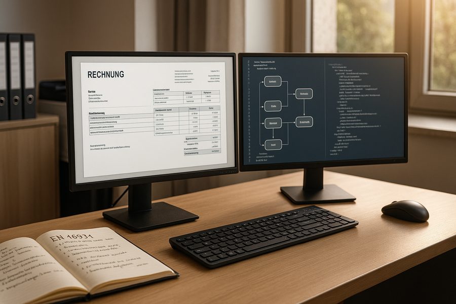 Schematische Darstellung einer hybriden ZUGFeRD-Rechnung: Menschlich lesbares PDF-Layout auf der linken Seite, eingebettete maschinenlesbare XML-Daten strukturiert auf der rechten Seite, symbolisiert durch Zahnräder und Datenfluss-Symbole.