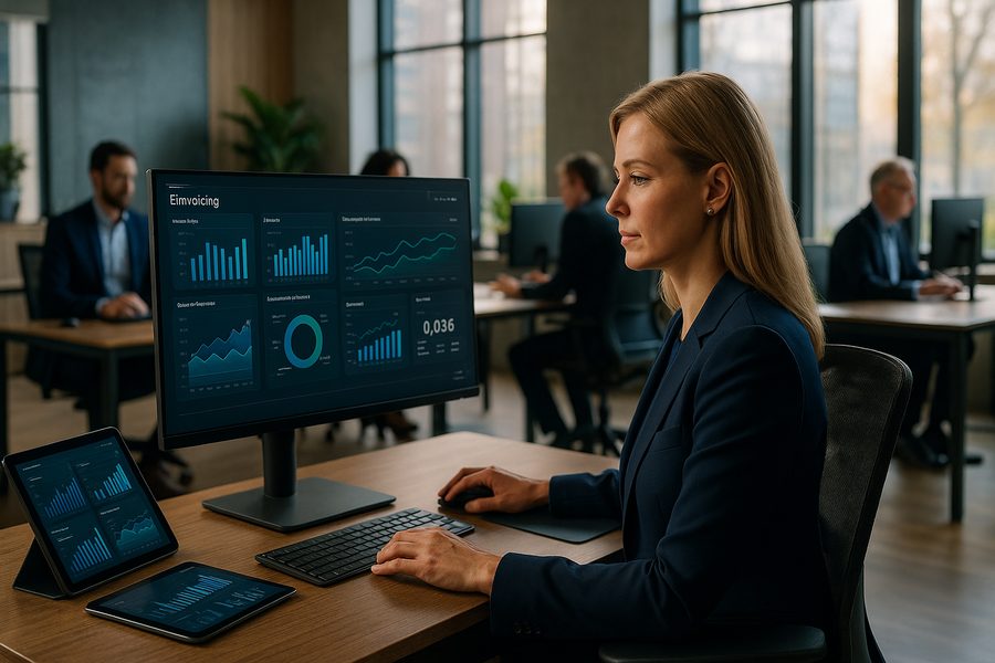 Modernes finnisches Büro mit Finance-Fachleuten an digitalen Arbeitsplätzen, großen Monitoren mit E-Invoicing-Dashboards und Finanzdaten, natürliches Licht durch nordische Fenster