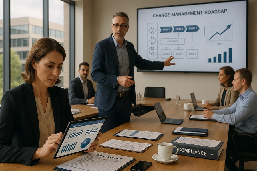 Meeting zur Prozess- und Compliance-Optimierung: ein Referent präsentiert eine Change-Management-Roadmap, während Teilnehmende am Tisch Kennzahlen am Tablet und Laptop auswerten.