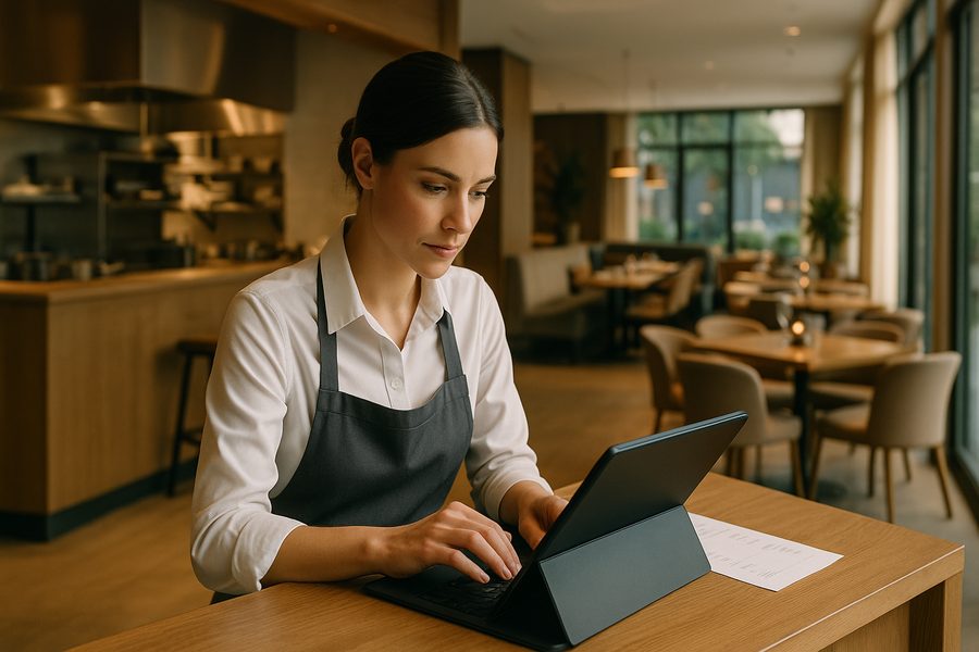 Modernes Restaurant mit digitaler Rechnungsverarbeitung am Tablet durch Mitarbeiterin in professioneller Küche mit warmem Licht und strukturierter Arbeitsatmosphäre
