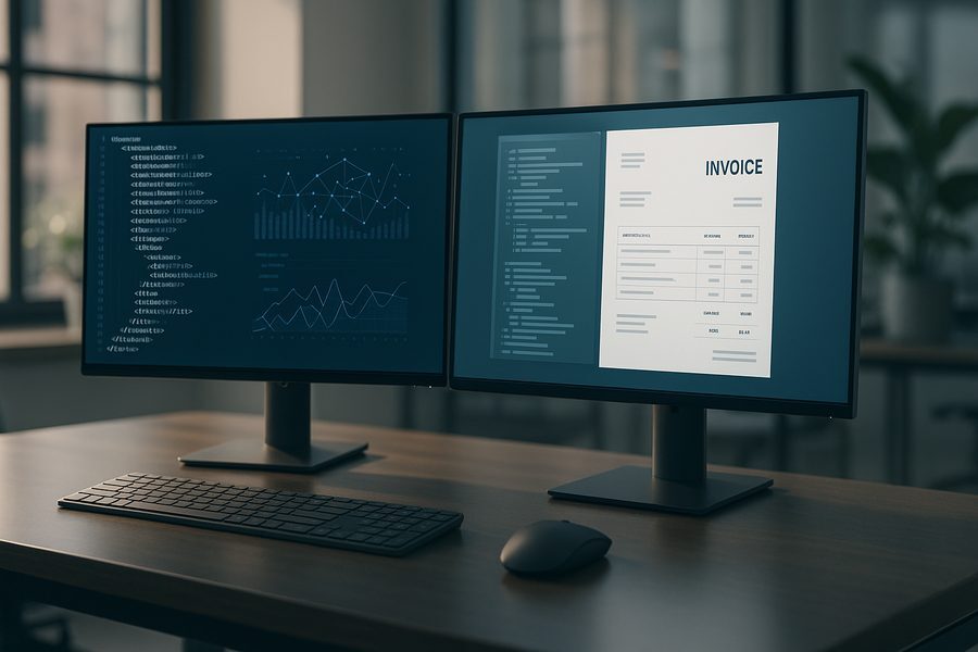 Professioneller Arbeitsplatz mit zwei Monitoren, auf denen strukturierte XML-Daten und PDF-Rechnungen zu sehen sind, symbolisiert digitale Rechnungsverarbeitung in .NET-Umgebungen mit Fokus auf Finance Transformation