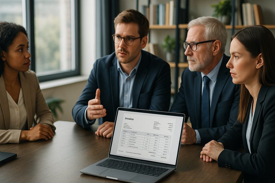 Geschäftsleute diskutieren vor Bildschirmen über digitale Rechnungsprozesse in modernem Büro mit Tageslicht