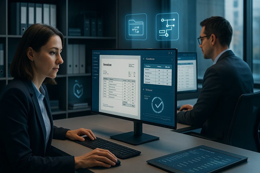 Professioneller Finanzarbeitsplatz mit mehreren Monitoren zeigt elektronische Rechnungsdaten, Kontrollmetriken und Dokumentenverwaltungssysteme in modernem Business-Umfeld