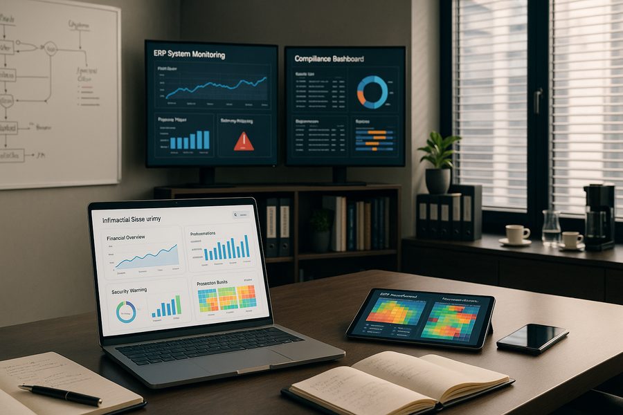 Moderne Büroumgebung mit Laptop auf Schreibtisch, Dashboard mit Finanzkennzahlen und Sicherheitswarnungen auf Bildschirm, Tablet mit Risikobewertungs-Diagrammen, Großbildschirme im Hintergrund mit Live-Überwachung von Zahlungsströmen und Audit-Trails, natürliches Tageslicht durch große Fenster, Pflanzen auf Fensterbank, ergonomische Bürostühle, modernes Regalsystem mit Compliance-Ordnern, Whiteboard mit Prozessdiagrammen und Rollen-Konzepten
