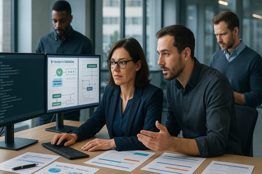 Steuerberater und Finance-Profis in modernem Büro arbeiten an E-Rechnungs-Compliance, Softwareinegration und Prozessautomatisierung mit Checklisten und Systemlandkarte