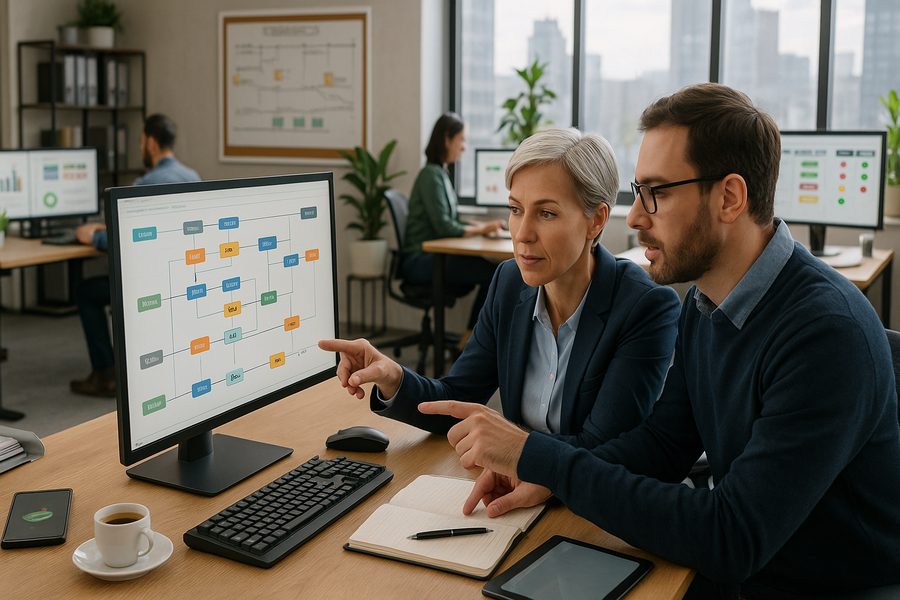 Modernes Finanz-Büro mit CFO und IT-Leiter im Gespräch vor großem Monitor mit Prozess-Flowchart, ergonomische Arbeitsplätze mit ERP-Dashboards, Kanban-Boards an digitalen Whiteboards