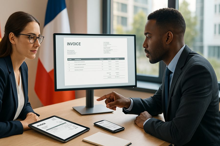 Zwei Geschäftspersonen in einem modernen Büro prüfen gemeinsam hybride Rechnungsdokumente auf einem Monitor, im Hintergrund symbolische Darstellung von Deutschland und Frankreich durch dezente Flaggen-Farben, professionelle Atmosphäre mit natürlichem Licht durch große Fenster