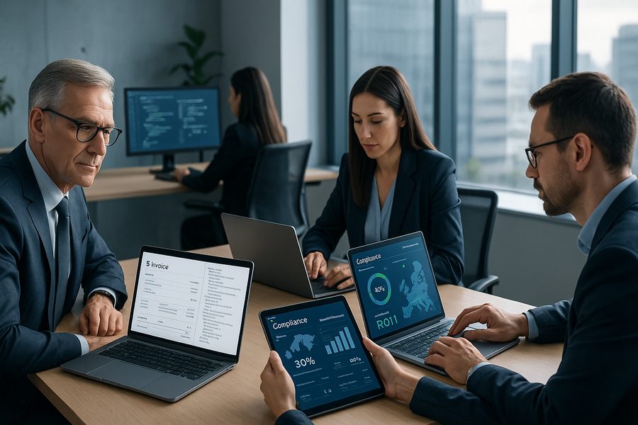 Modernes SaaS-Büro mit CFO und IT-Verantwortlichen vor mehreren Bildschirmen, die strukturierte E-Rechnungen, XML-Datenmodelle und europäische Compliance-Dashboards zeigen, professionelle Arbeitsatmosphäre mit natürlichem Licht