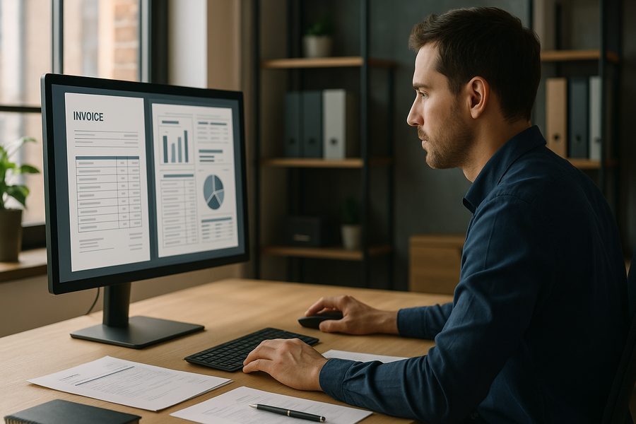 Professionelle Büroumgebung mit Person am modernen Arbeitsplatz, die konzentriert digitale Rechnungen auf großem Bildschirm analysiert, strukturierte Dokumentenübersichten und Diagramme sichtbar, natürliche Beleuchtung durch Fenster, aufgeräumter Schreibtisch mit Notizbuch und Stift, Business-Casual-Kleidung, ruhige und fokussierte Atmosphäre, klare Komposition