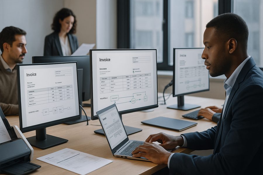Professionelle internationale Büroumgebung mit Personen vor modernen Bildschirmen, auf denen strukturierte digitale Rechnungsdokumente mit klar erkennbaren Datenfeldern und Tabellen dargestellt sind, natürliche Beleuchtung von der Seite, ruhige Farbgebung in Grau-, Weiß- und Blautönen, moderne Arbeitsplätze, zeitgemäße Technologie, Atmosphäre vermittelt digitale Finanzprozesse und grenzüberschreitende Geschäftskommunikation
