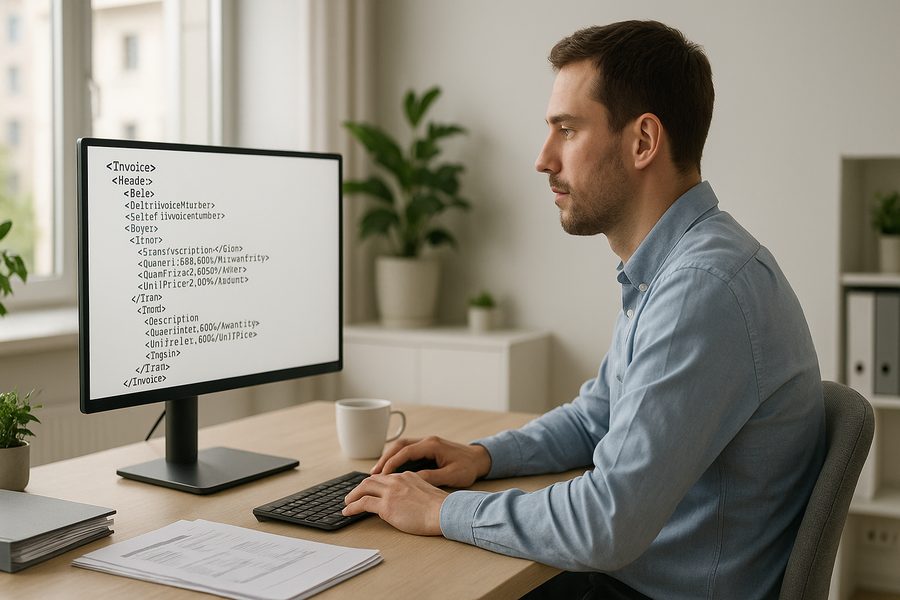 Moderne Büroumgebung mit Kleinunternehmer am Laptop, der elektronische Rechnung im ZUGFeRD-Format prüft, daneben Tablet mit strukturierten Rechnungsdaten und Workflow-Visualisierung