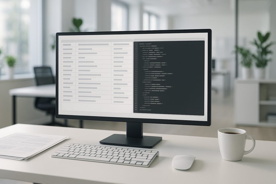 Moderner Arbeitsplatz mit Computer, auf dem strukturierte Datenfelder und XML-Code einer elektronischen Rechnung zu sehen sind, aufgeräumte Büroumgebung mit hellem Tageslicht