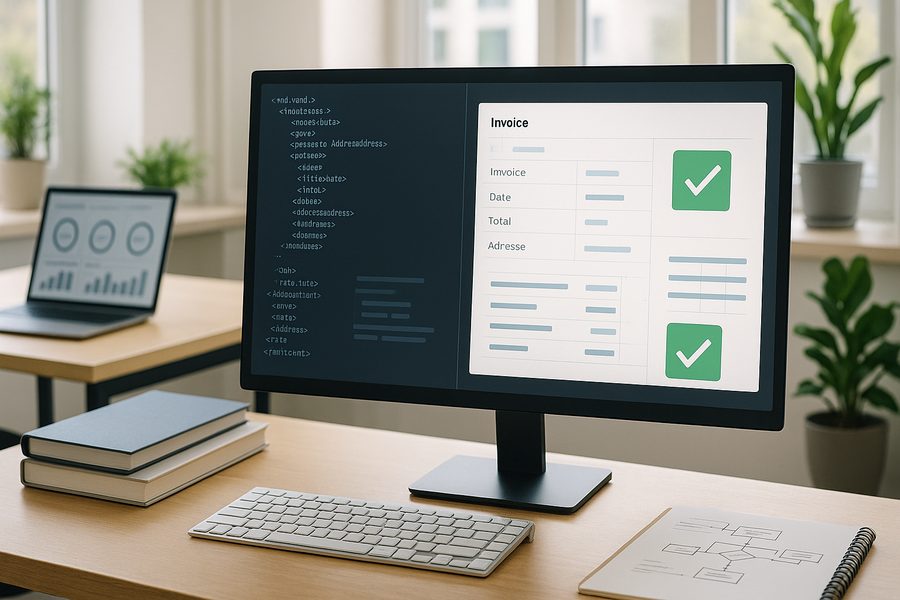 Moderner Arbeitsplatz mit Computer und strukturierten Dokumenten im Hintergrund, symbolisch für die Vorbereitung elektronischer Rechnungsprozesse und digitale Adressverwaltung im Finanzbereich