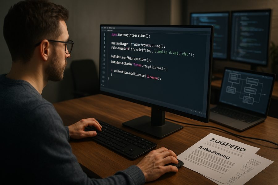 Softwareentwickler an modernem Schreibtisch schreibt Java-Code für Mustang ZUGFeRD-Integration, neben Monitor liegt ZUGFeRD-Dokumentation, weitere Bildschirme zeigen Code-Editoren und Rechnungsverarbeitungsdiagramme