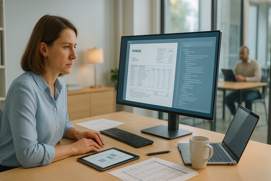 Finanzverantwortliche einer gemeinnützigen Organisation sitzt konzentriert an einem modernen Schreibtisch mit großem Monitor, auf dem strukturierte XML-Rechnungsdaten und Workflow-Diagramme sichtbar sind, aufgeklappter Laptop daneben, Tablet mit digitalen Freigabeprozessen, Ordner im Hintergrund, helles Büro mit Tageslicht durch große Fenster, professionelle und ruhige Arbeitsatmosphäre