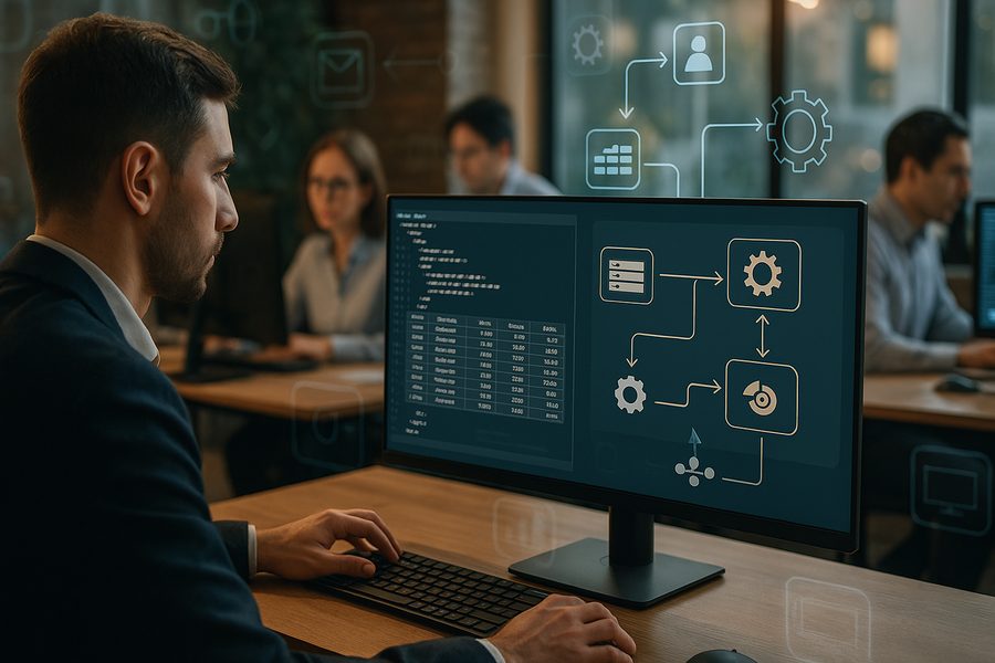 Modernes Büro mit Finance-Profis an Computerarbeitsplätzen, die strukturierte elektronische Rechnungsdaten und Automatisierungsprozesse verarbeiten