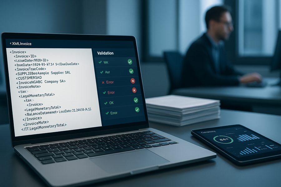Moderner Büroarbeitsplatz mit beleuchtetem Laptop-Bildschirm, auf dem XML-Rechnungsdaten und ein Validierungs-Dashboard sichtbar sind, mit Finanzunterlagen und Tablet im Hintergrund, professionelle Atmosphäre mit kühlen Farbtönen