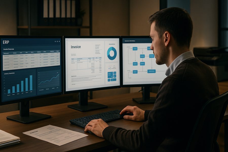 Moderner Büroarbeitsplatz mit mehreren Monitoren, auf denen ein ERP-Dashboard mit Rechnungsdaten, Prozessflüssen und Automatisierungsstatistiken angezeigt wird