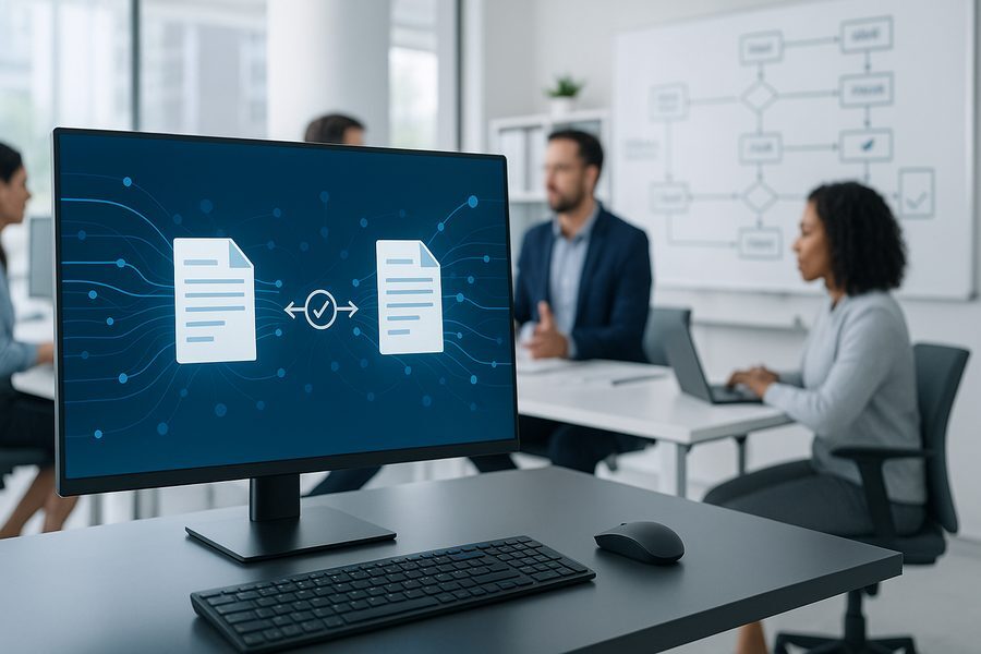Professionelle Büroumgebung mit Finance- und IT-Teams bei der Zusammenarbeit an digitaler Transformation mit strukturiertem Dokumentenaustausch und Netzwerkverbindungen