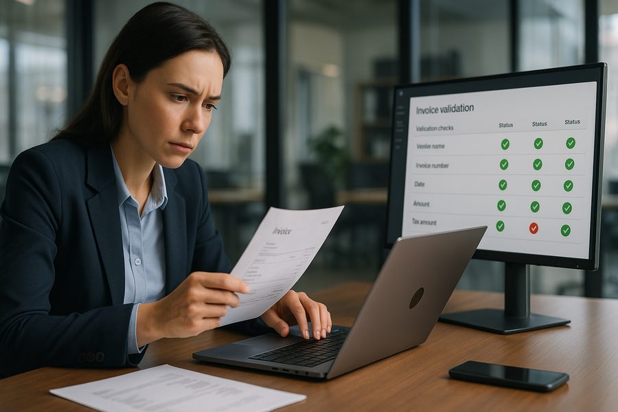Professionelle Büroszenerie mit Fachkraft vor Laptop, die kritisch eine per E-Mail erhaltene Rechnung prüft, im Hintergrund Dashboard zur Rechnungsvalidierung sichtbar, modernes Büroambiente mit natürlichem Tageslicht, konzentrierte Atmosphäre ohne Hektik, realistische Darstellung digitaler Arbeitsprozesse im Rechnungswesen