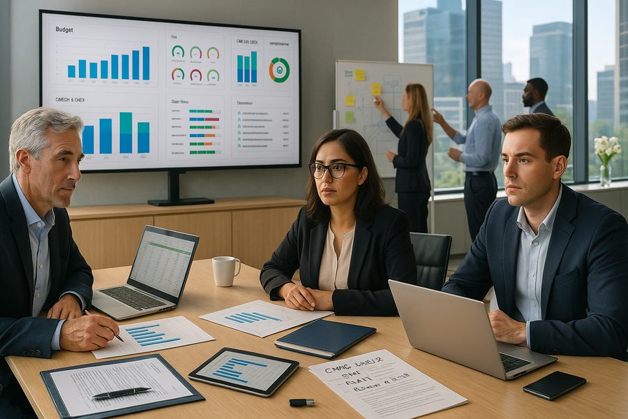 Team im Meetingraum bespricht Budget- und KPI-Dashboards auf dem Bildschirm, während im Hintergrund Kollegen am Whiteboard Aufgaben und Prozessschritte planen.