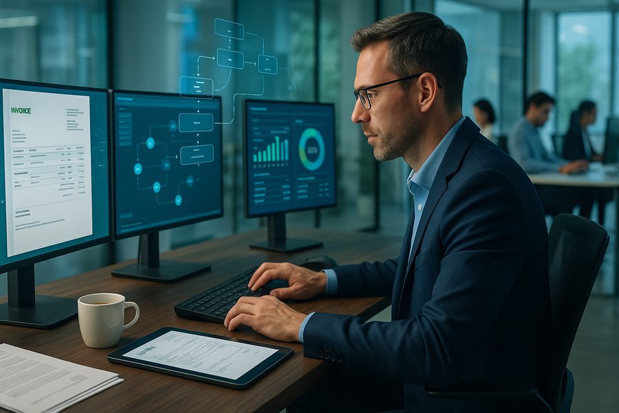 Moderner CFO arbeitet an elegantem Schreibtisch mit mehreren hochauflösenden Monitoren, die Rechnungsdaten, Workflows und automatisierte Prozessflüsse zeigen. Im Hintergrund Teamwork in modernem Büro, grüne und blaue Accent-Farben deuten auf Automation hin, subtile XML-Strukturen sind sichtbar.