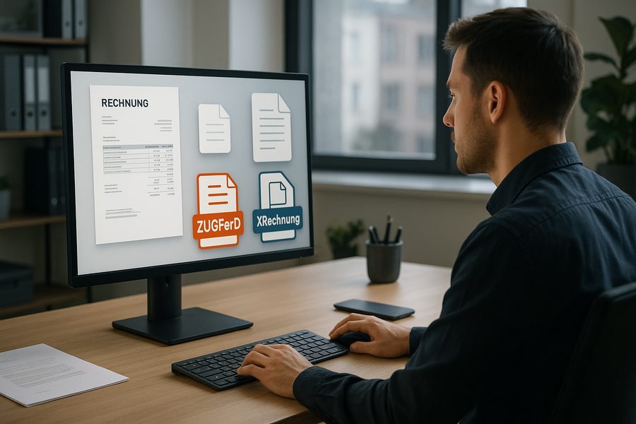 Modernes Büro mit Person vor Computerbildschirm bei der digitalen Rechnungsverarbeitung und Dokumentenverwaltung mit E-Rechnungsformaten