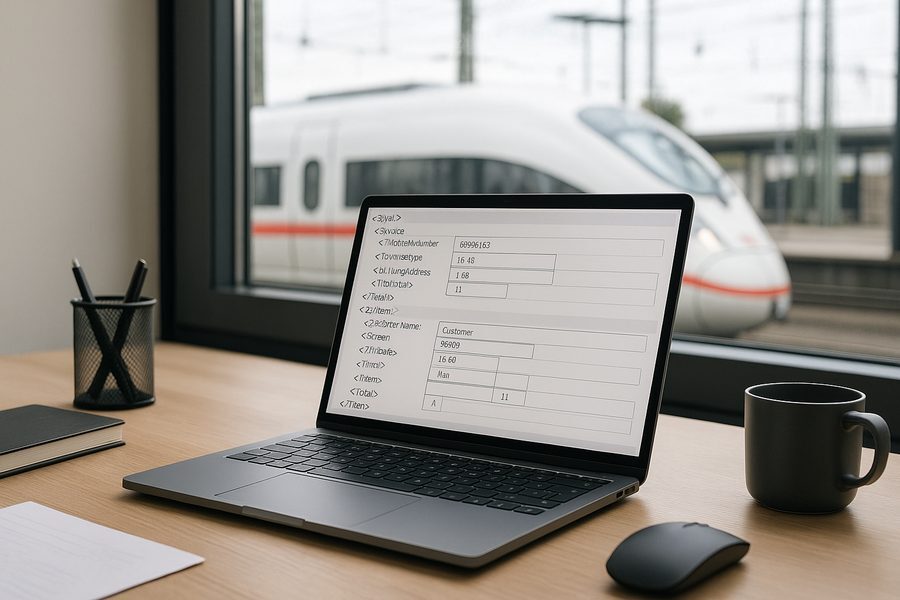 Professionelle Büroumgebung mit geöffnetem Laptop und strukturierten XML-Dokumenten auf dem Bildschirm, im Hintergrund moderne Bahninfrastruktur sichtbar durch Fenster, natürliches Tageslicht und klare Linienführung, organisierte und effiziente Arbeitsatmosphäre ohne sichtbare Personen