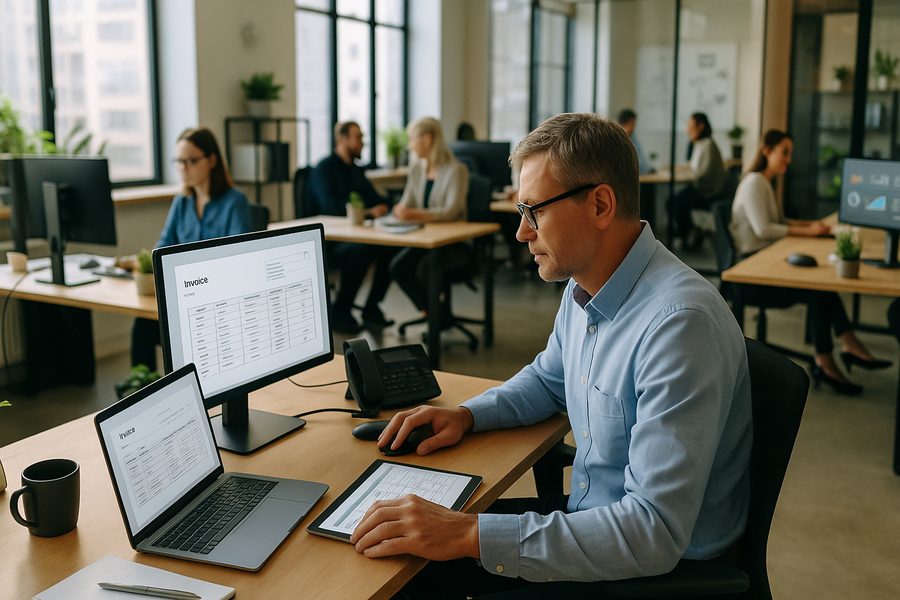 Moderne Finanzabteilung mit mehreren Mitarbeitern an ergonomischen Schreibtischen, die auf großen Monitoren digitale Rechnungen prüfen, helle Büroumgebung mit großen Fenstern und Tageslicht, Pflanzen im Hintergrund, professionelle Arbeitsatmosphäre