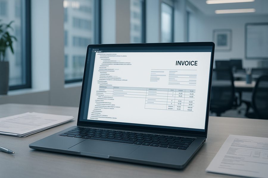 Strukturierte E-Rechnung mit XML-Datensatz auf einem Bildschirm in einem modernen Büro, professionelle Arbeitsumgebung mit Laptop und Dokumenten, Fokus auf digitale Transformation im Finanzwesen