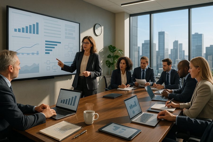 Präsentation im Meetingraum: eine Mitarbeiterin erläutert KPI- und Prozessdiagramme am großen Bildschirm, während das Team am Tisch mit Laptops die Ergebnisse bespricht.
