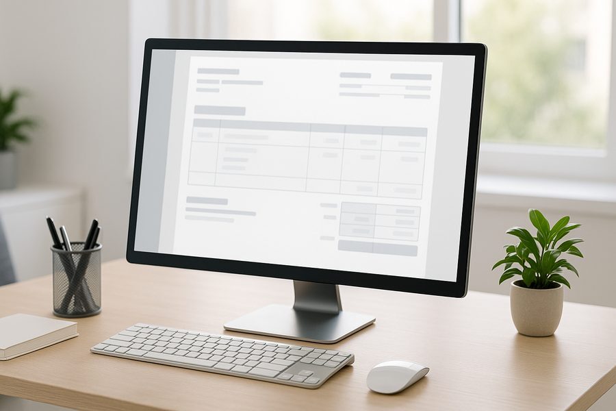 Moderner Arbeitsplatz mit Computer-Monitor, auf dem eine Rechnungssoftware-Oberfläche zu sehen ist, umgeben von Tastatur, Maus und Büromaterialien in hellem Büroraum mit Tageslicht
