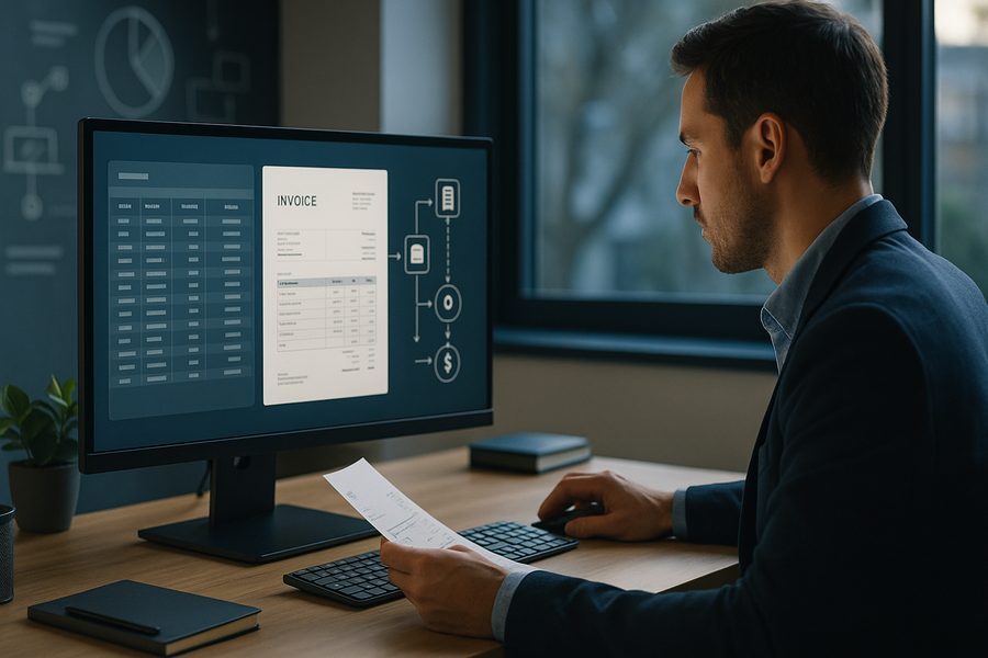 Moderner Arbeitsplatz mit Computer zeigt strukturierte Rechnungsdaten und digitale Workflow-Diagramme, professionelle Büroumgebung mit natürlichem Tageslicht und aufgeräumter Atmosphäre