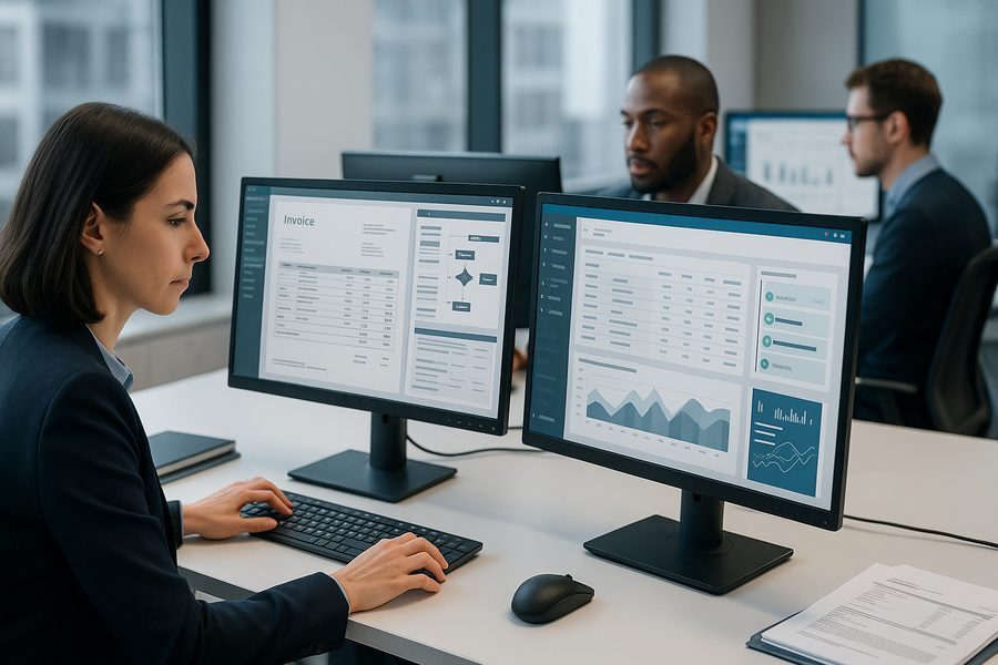Professionelle Büroumgebung mit digitalem Rechnungsprozess auf Bildschirmen, moderne Finanzabteilung mit Mitarbeitern an Arbeitsplätzen, strukturierte Datenvisualisierung, natürliche Beleuchtung, aufgeräumte Atmosphäre