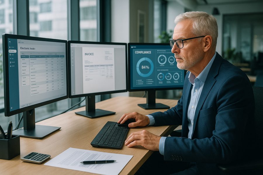 Modernes Büro mit Finance-Manager an Schreibtisch, umgeben von Computern, E-Rechnungsdokumenten, ERP-Systemen und Archivierungslösungen für strukturierte elektronische Rechnungsverarbeitung