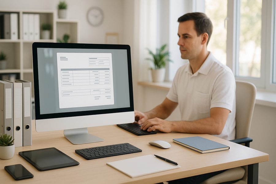 Modernes Praxisbüro einer Arztpraxis mit Schreibtisch, Computer, strukturierten digitalen Workflows auf dem Bildschirm, helle natürliche Beleuchtung durch Fenster, professionelle freundliche Atmosphäre